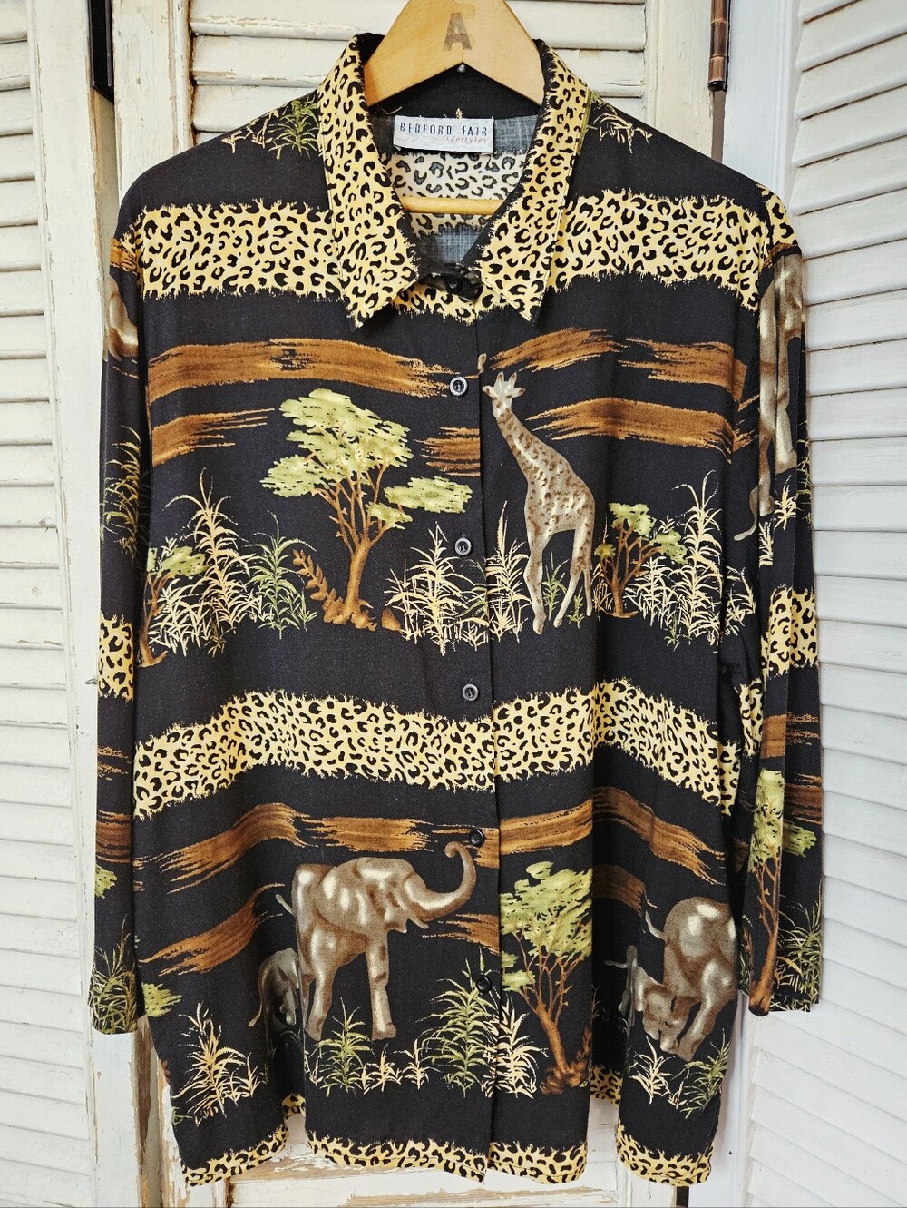 Vintage 90s Bedford Fair Flowy Rayon Leopard &  Safari Print Blouse Large